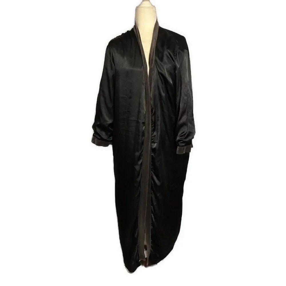 Victorias Secret Solid Black Long Sleeve Fleece Satin Sleep Robe Warm Xs Small